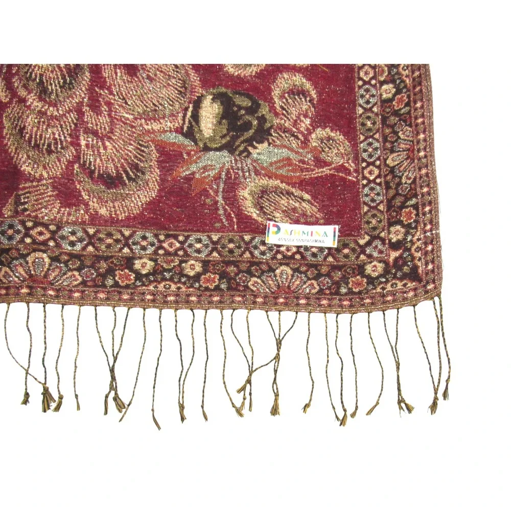 PASHMINA Maroon/Green/Gold Metallic SILK BLEND Floral TASSELS Rectangle Scarf